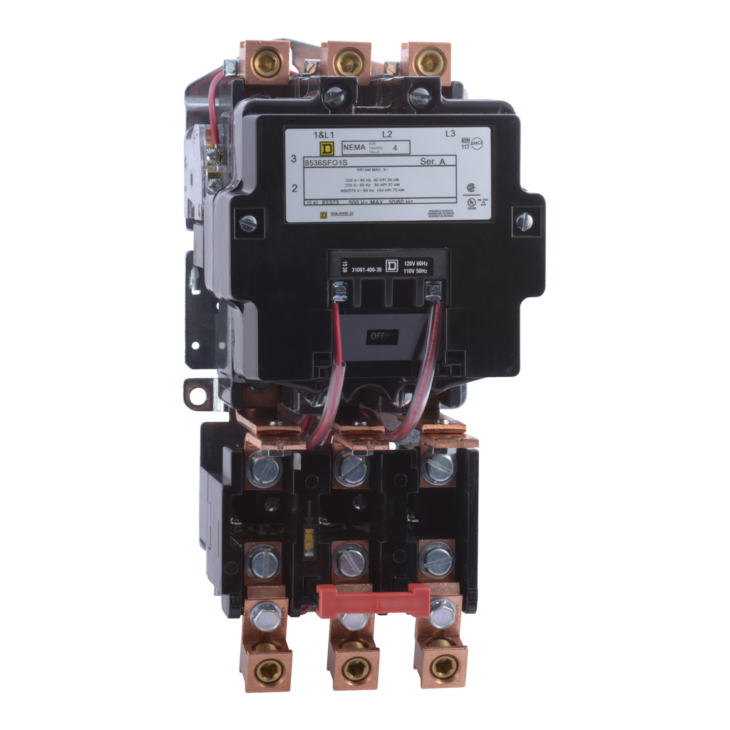 8536SFO1V08 – NEMA Motor Starter, Type S, nonreversing, Size 4, 135A, 100 HP at 460 VAC, 3 phase, 3 pole, melting alloy, 208 VAC coil, open, 10 kA SSCR