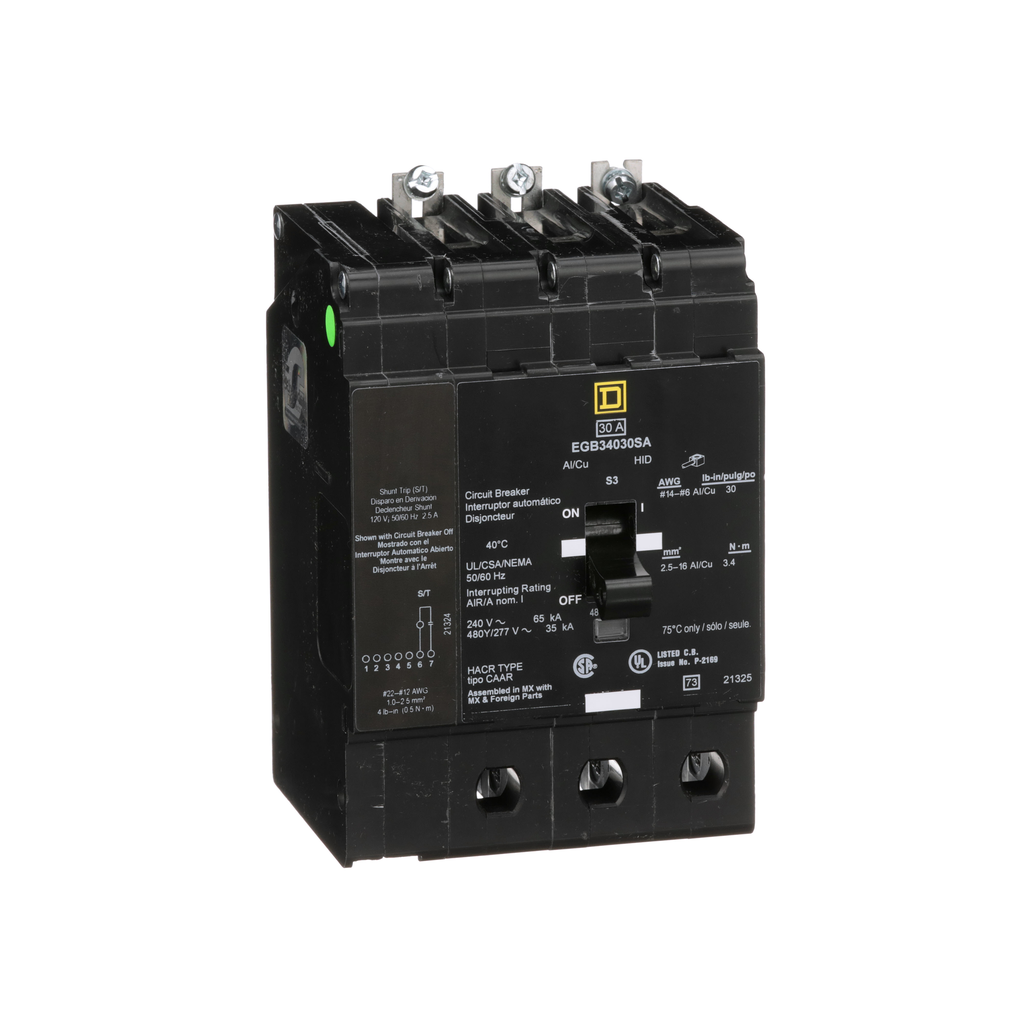 EGB34030SA – Mini circuit breaker, E-Frame, 30A, 3 pole, 480Y/277VAC, 65kA max, bolt on, shunt trip