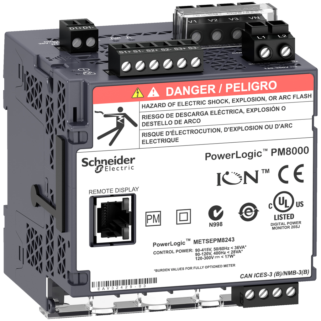 METSEPM8113 – Power quality meter, PowerLogic PM8000, Essential, transducer, 64MB, 128s/c