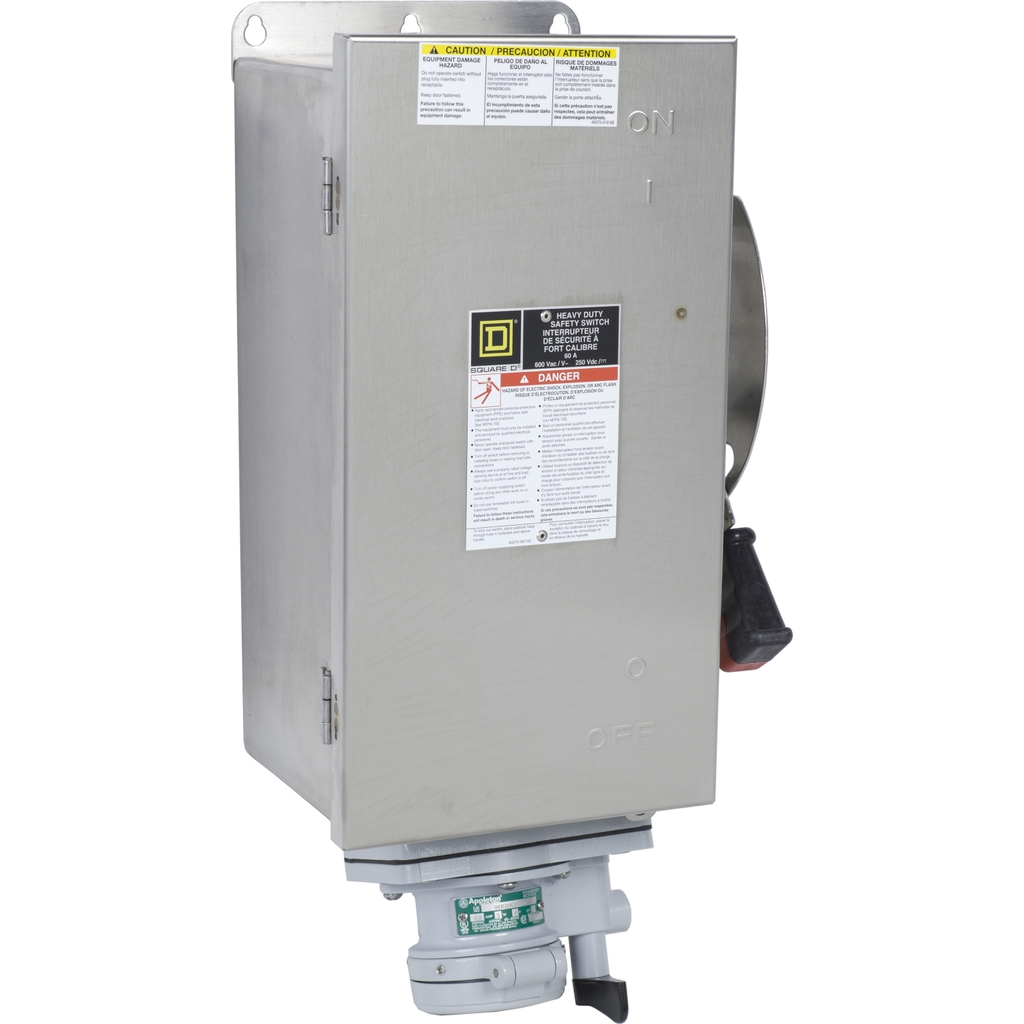Mayer-DDS-Safety switch, heavy duty, fusible, 60A, 600VAC, 600VDC, 3 poles, 50hp, NEMA 4, 4X, 5, 304 steel, Appleton receptacle-1