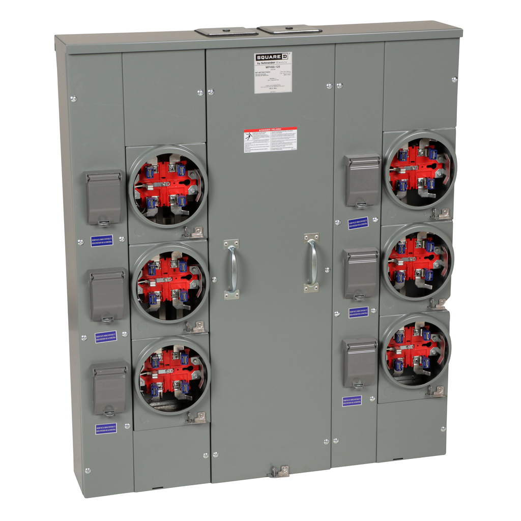 MPH66125 – Meter center, MP Meter-Pak, 6 sockets, horn bypass, 5 jaws, 600A bus, 125A max breaker rating, ringless