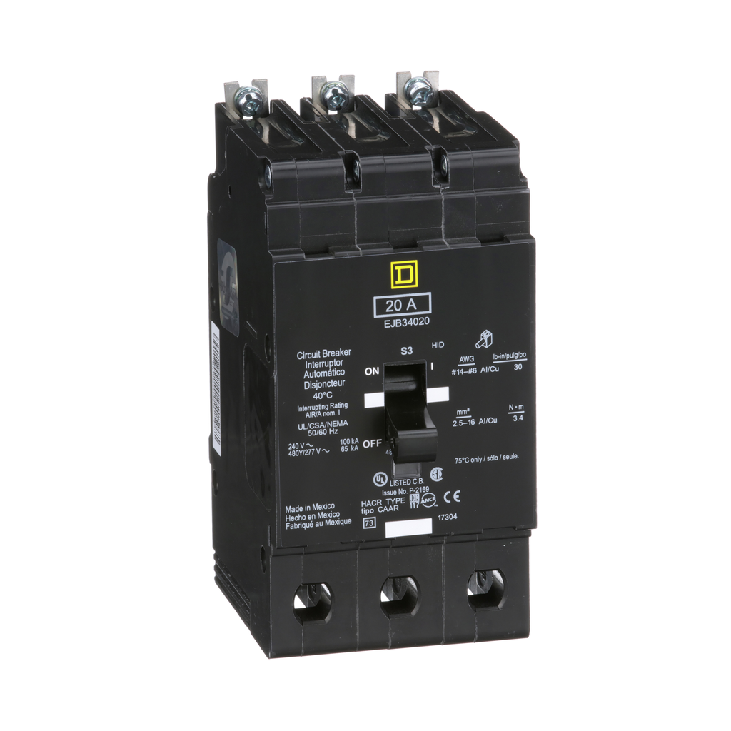 EJB34020 – Mini circuit breaker, E-Frame, 20A, 3 pole, 480Y/277VAC, 100kA max, bolt on