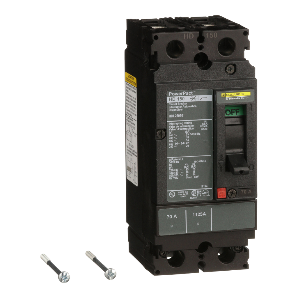 HDL26070 – Circuit breaker, PowerPacT H, 70A, 2 pole, 600VAC, 14kA, lugs, thermal magnetic, 80%