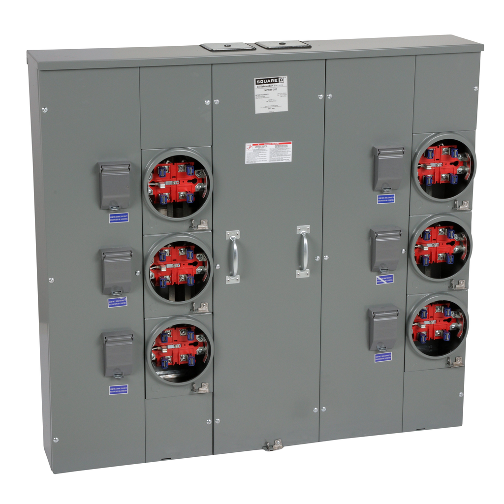 MPR86200 – Meter center, MP Meter-Pak, 6 sockets, no bypass, 5 jaws, 800A bus, 200A max breaker rating, ringless