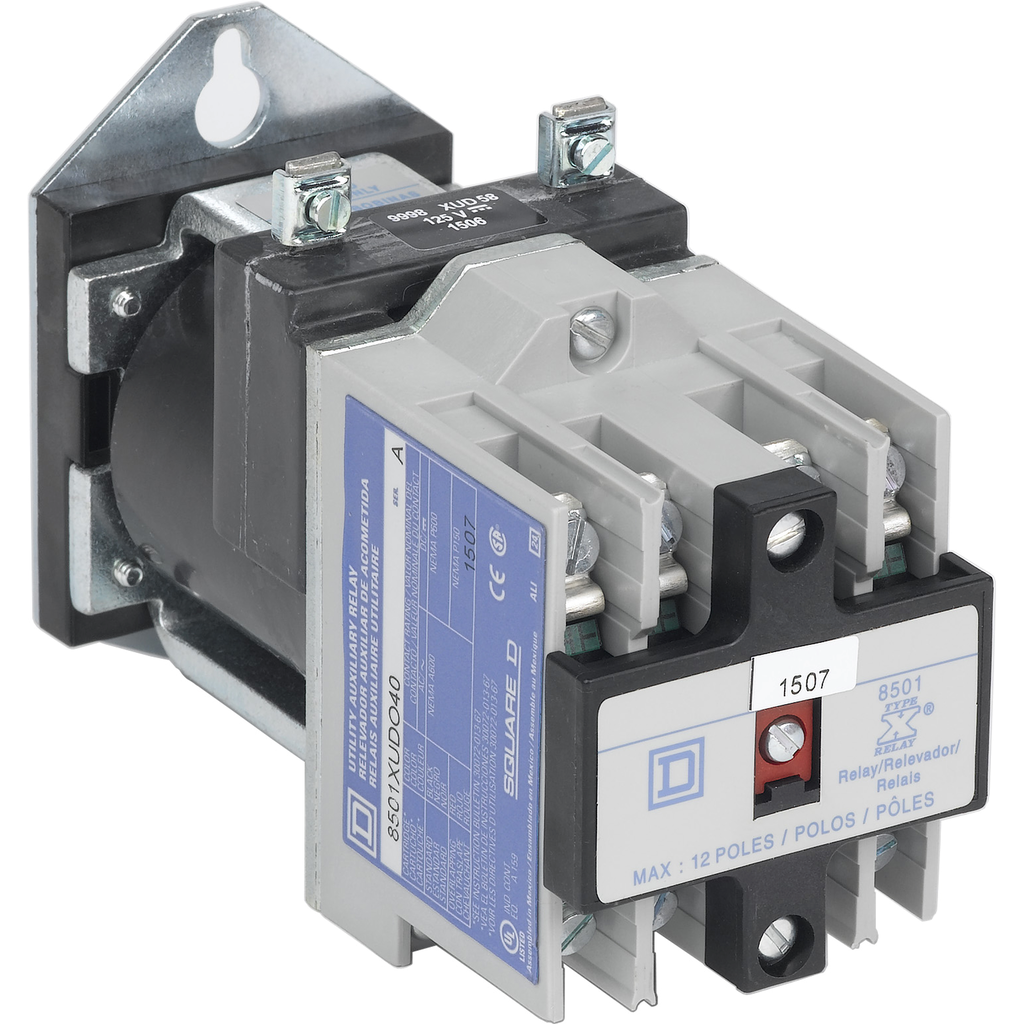 8501XUDO40V53 – NEMA Control Relay, Type X, utility, 10A resistive at 600 VAC, 4 normally open contacts, 24 VDC coil