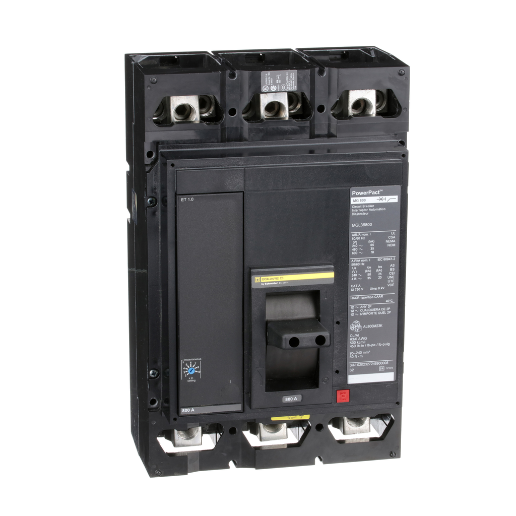 MGL36800 – Circuit breaker, PowerPacT M, 800A, 3 pole, 600VAC, 18kA, lugs, ET 1.0, 80%