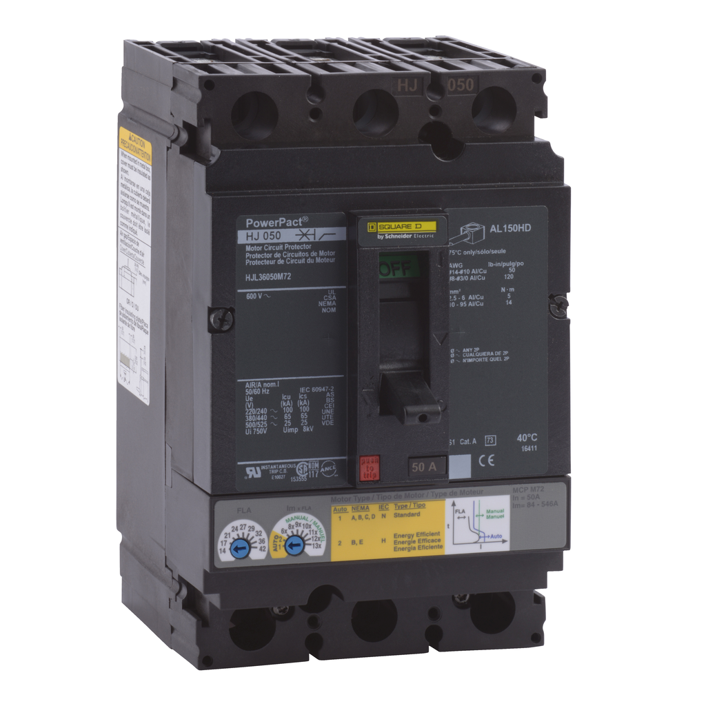 HJL36050M72 – Motor circuit protector, PowerPacT H, 50A, 3 pole, 600VAC, 25kA, lugs, thermal magnetic, 80%