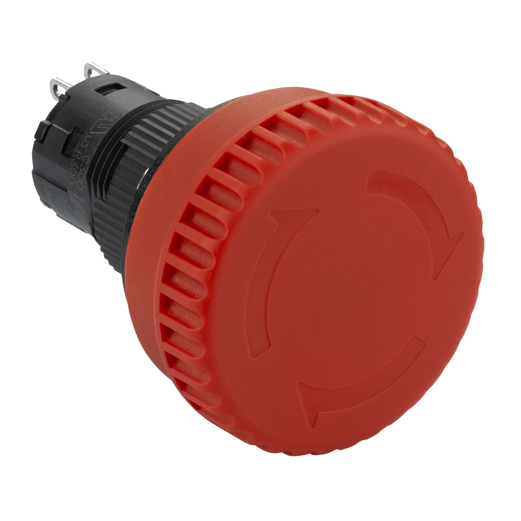 XB6ETN521P – Complete non illuminated mushroom head push button, Harmony XB6E, 16mm, red pushbutton 32mm, trigger turn pull to release, 2NC