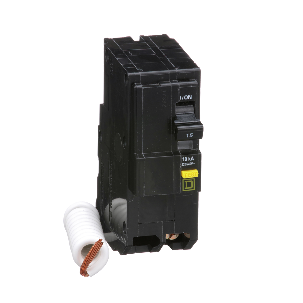 QO215GFI – Mini circuit breaker, QO, 15A, 2 pole, 120/240VAC, 10kA, plug in, 6mA grd fault A, pigtail