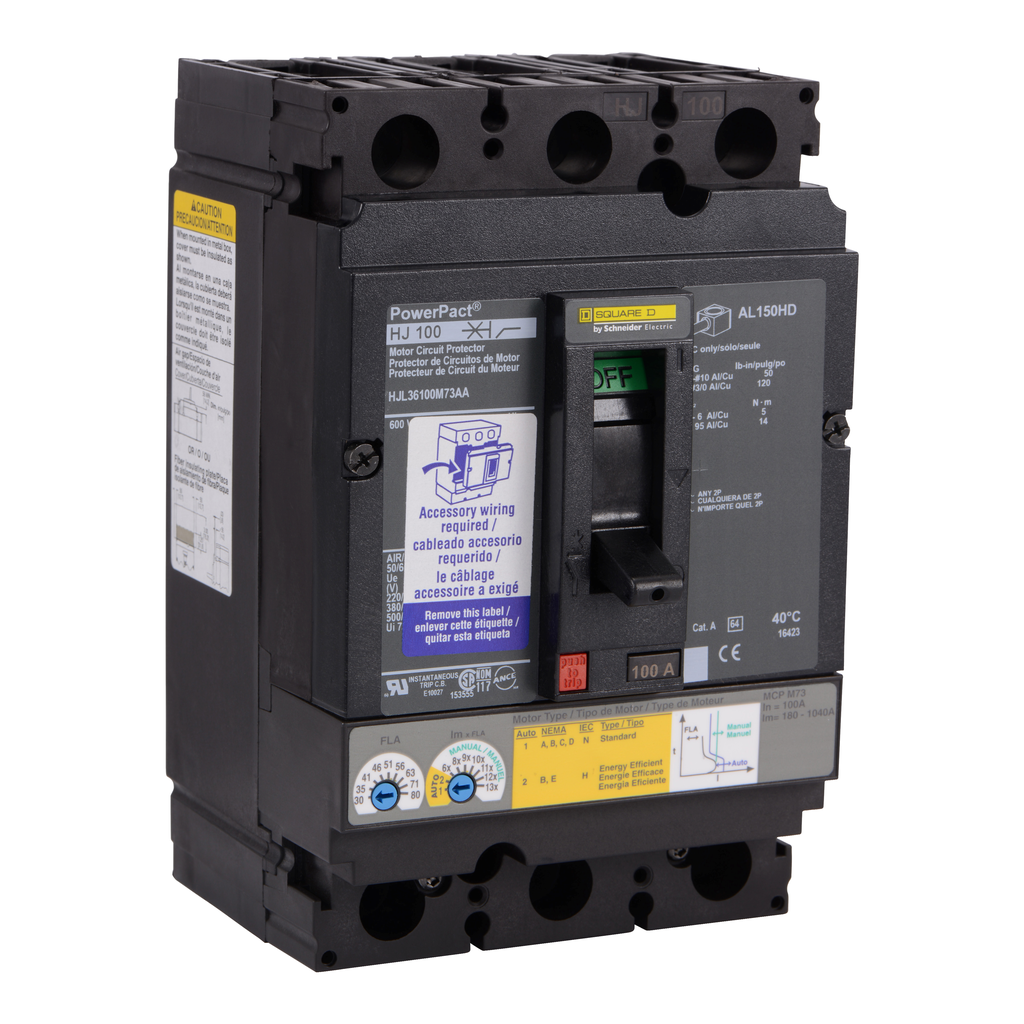 HJL36100M73AA – Motor circuit protector, PowerPacT H, 100A, 3 pole, 600VAC, 25kA, lugs, thermal magnetic, 80%, aux switch