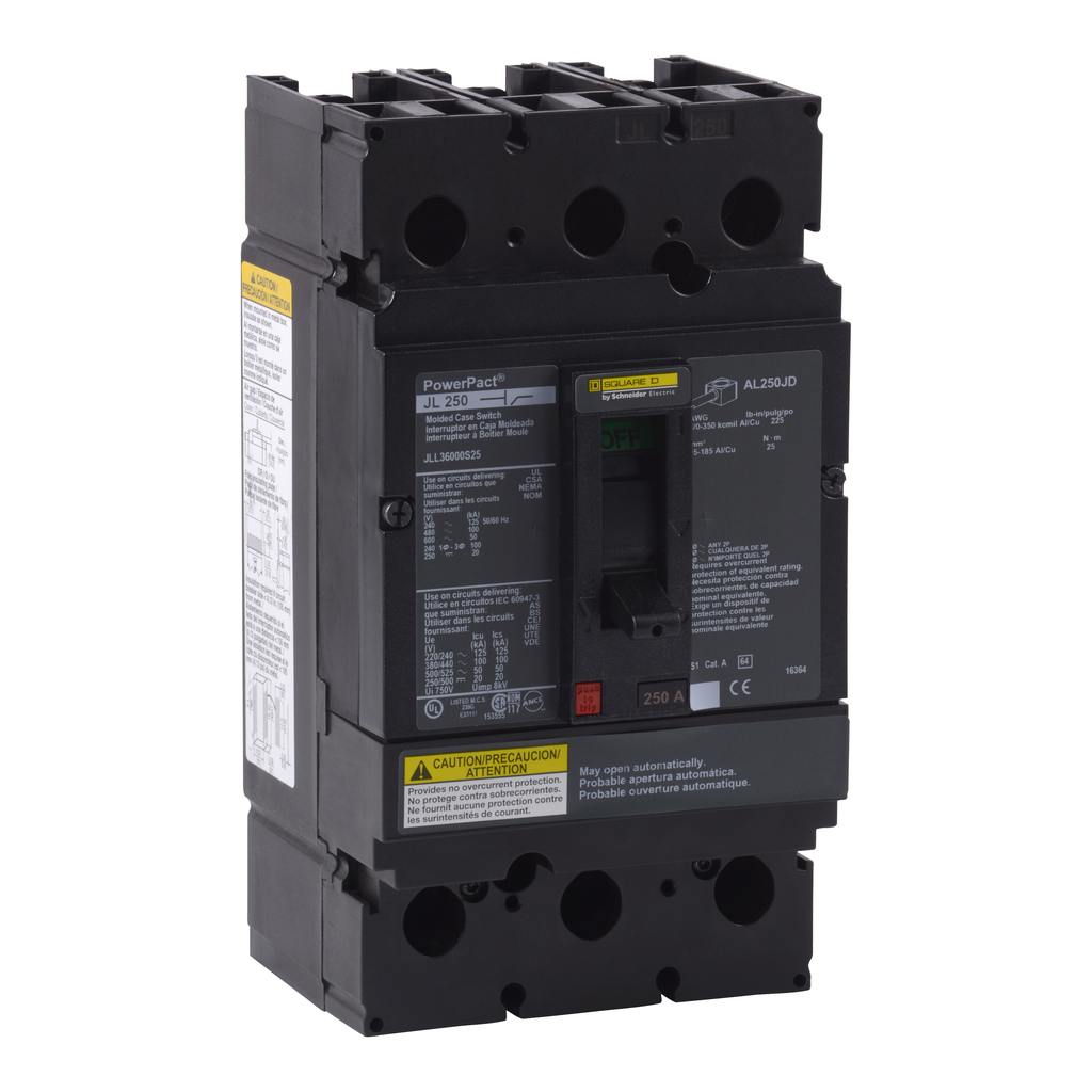 JLL36000S25 – Automatic switch, PowerPacT J, 225A, 3 pole, 600VAC, 50kA, lugs, magnetic