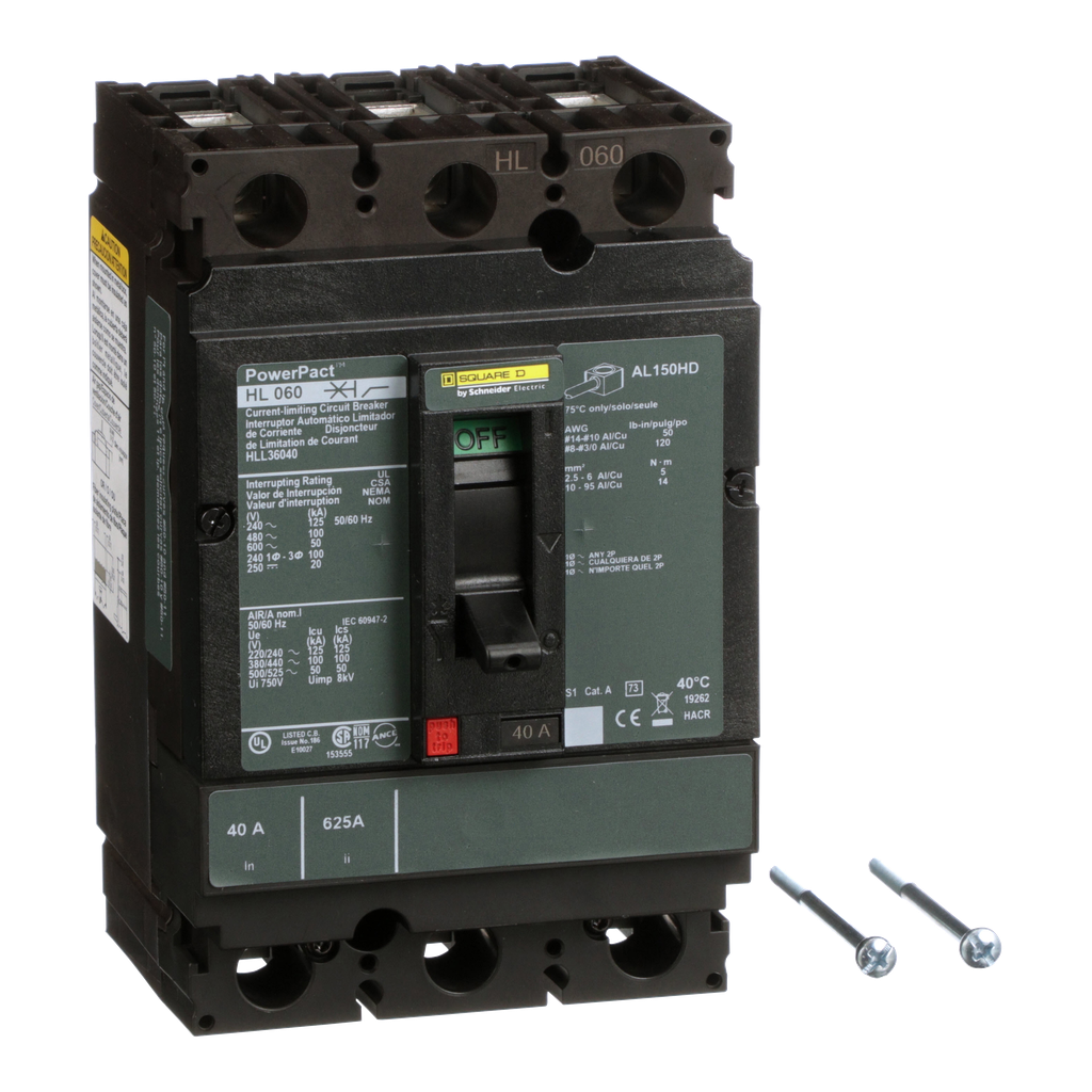 HLL36040 – Circuit breaker, PowerPacT H, 40A, 3 pole, 600VAC, 50kA, lugs, thermal magnetic, 80%