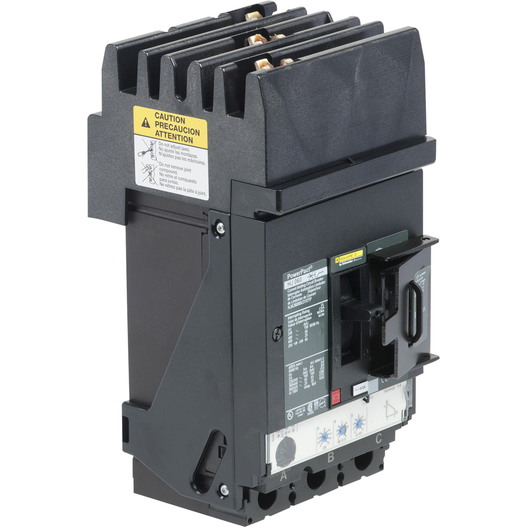 HJA36060U31XYP – Circuit breaker, PowerPacT H, 60A, 3 pole, 600VAC, 25kA, I-Line, Micrologic 3.2, 80%, padlock handle, ABC