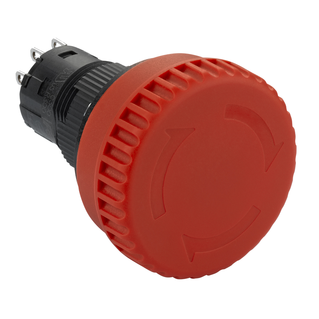 XB6ETI523P – Complete illuminated mushroom head push button, Harmony XB6E, 16mm, red pushbutton, 32mm, trigger turn pull to release, 2NC