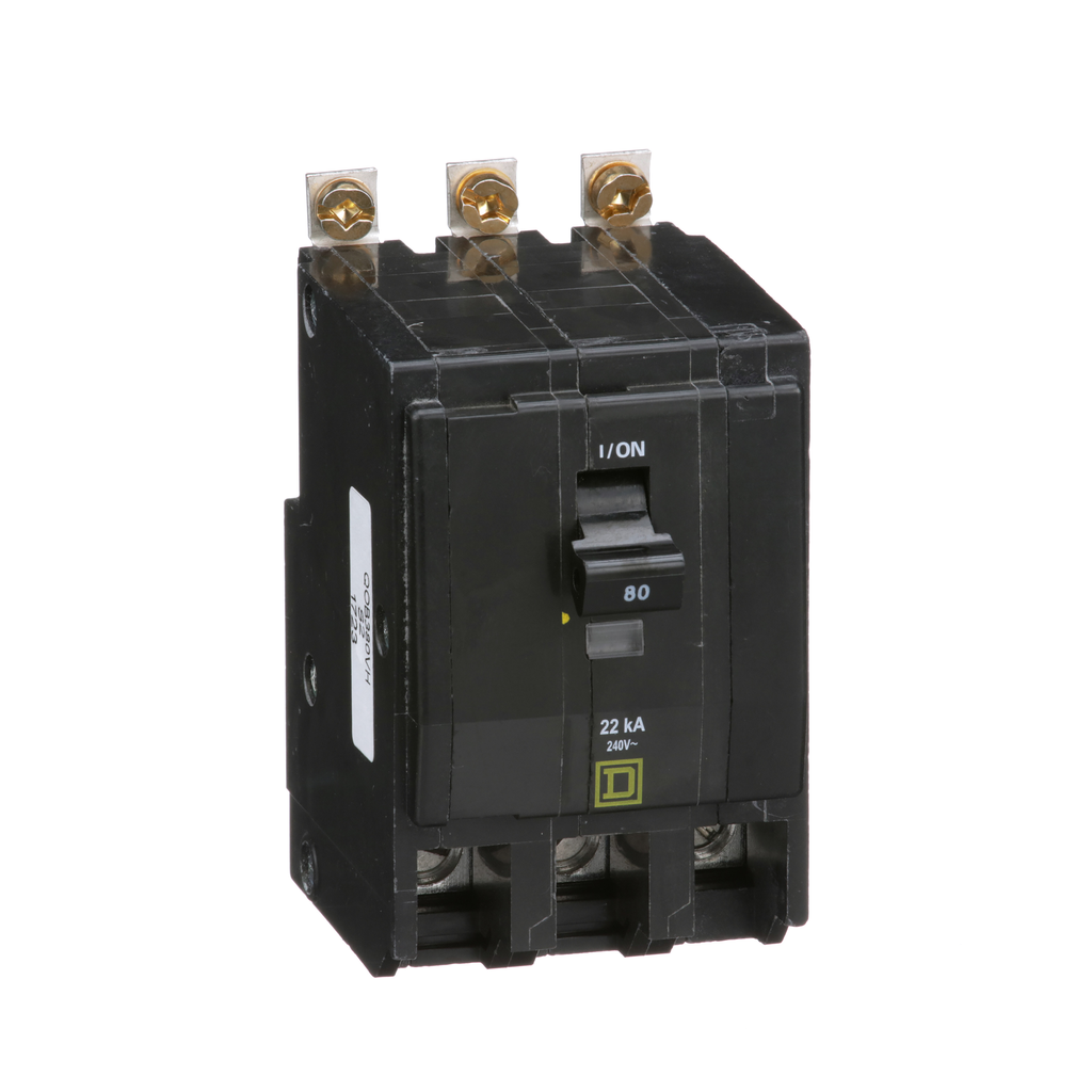 QOB380VH – Mini circuit breaker, QO, 80A, 3 pole, 120/240VAC, 22kA, bolt on