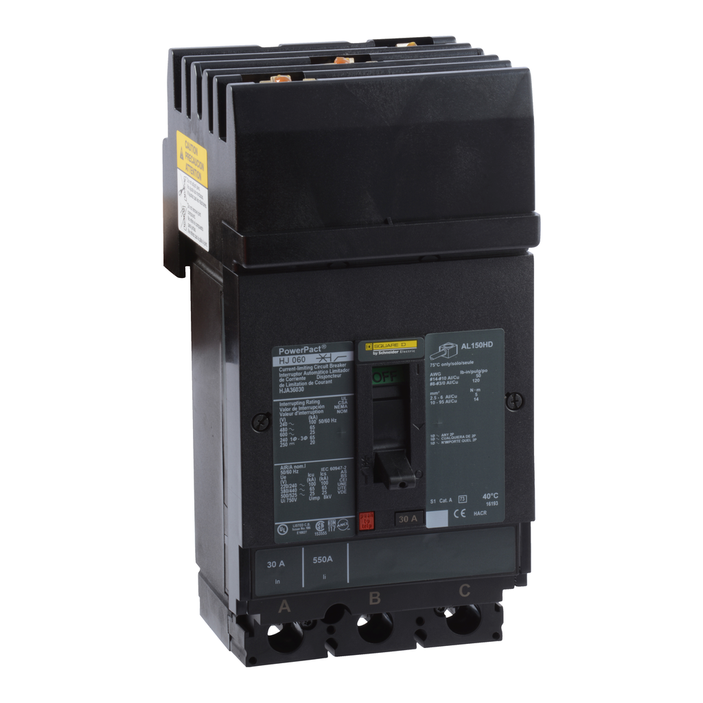 HJA36035SA – Circuit breaker, PowerPacT H, 35A, 3 pole, 600VAC, 25kA, I-Line, thermal magnetic, 80%, shunt, ABC