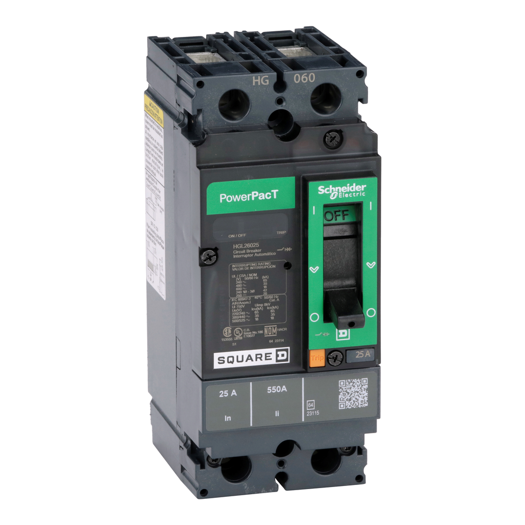 HGL26025 – Circuit breaker, PowerPacT H, 25A, 2 pole, 600VAC, 18kA, lugs, thermal magnetic, 80%