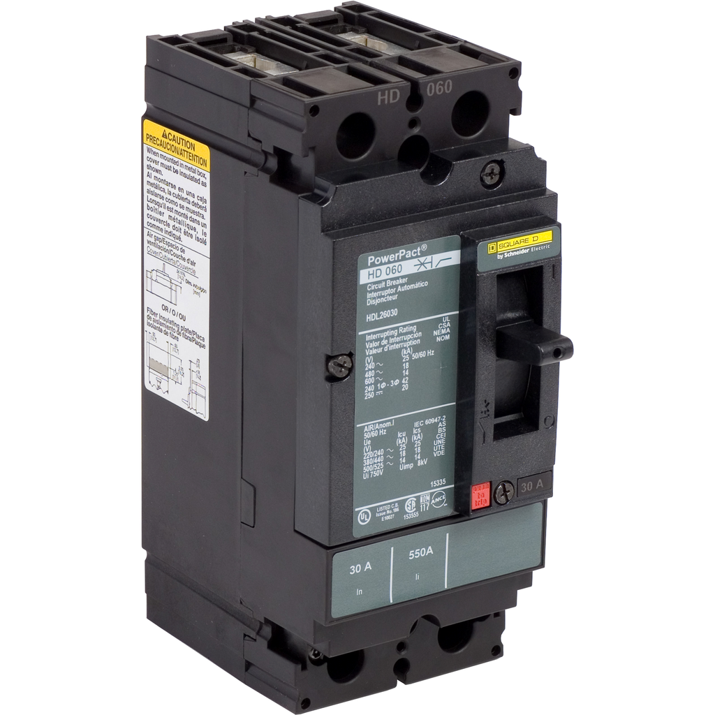 HDL26030C – Circuit breaker, PowerPacT H, 30A, 2 pole, 600VAC, 14kA, lugs, thermal magnetic, 100%