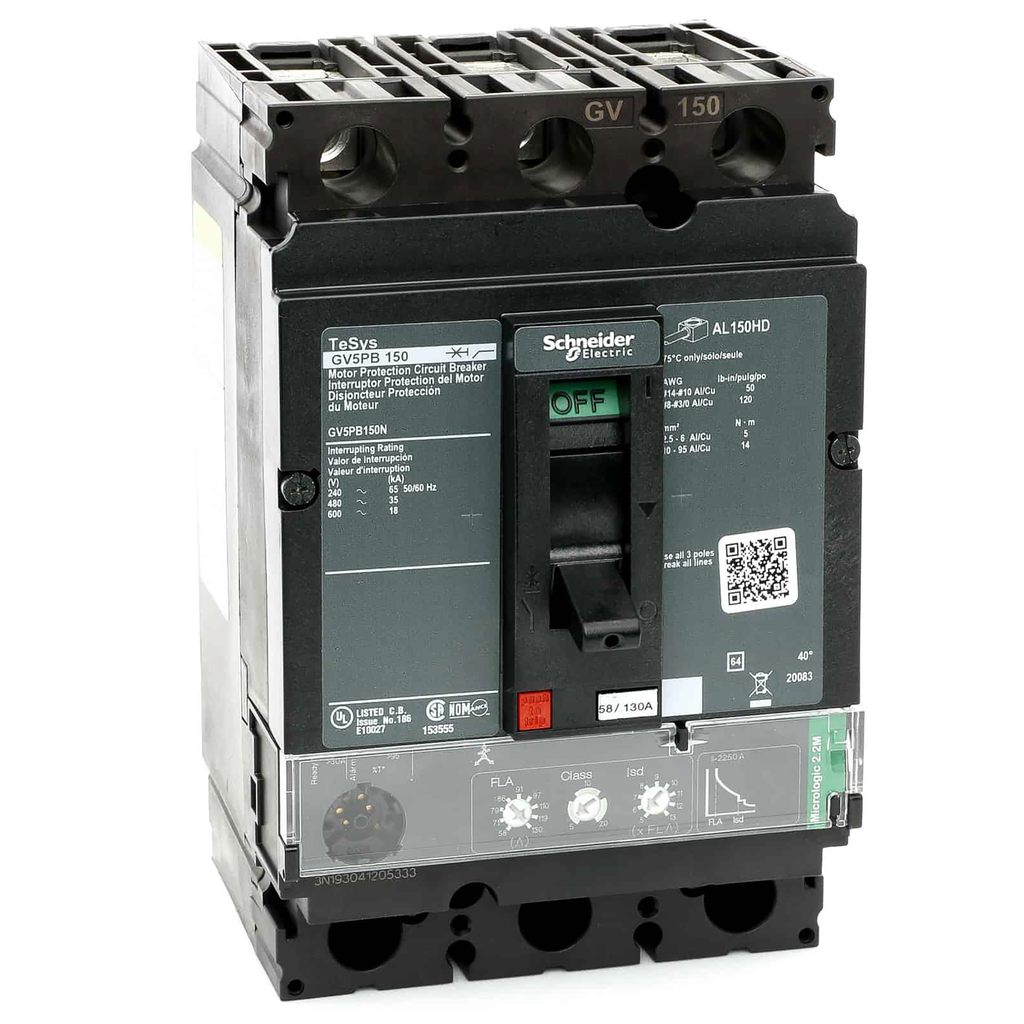 GV5PB150N – Motor circuit breaker, TeSys GV5, 3P, 150A, 18kA SCCR, thermal magnetic