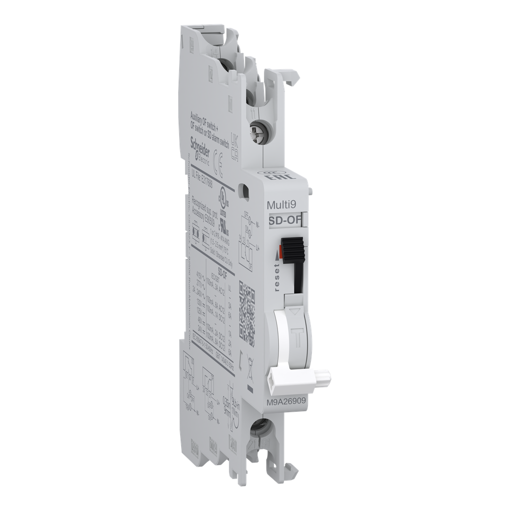 M9A26909 – Auxiliary contact, Multi9 M9A, OF/SD OF, 2 C/O, 100mA to 6A, 24VAC to 415VAC, 24VDC to 130VDC, top and bottom connection