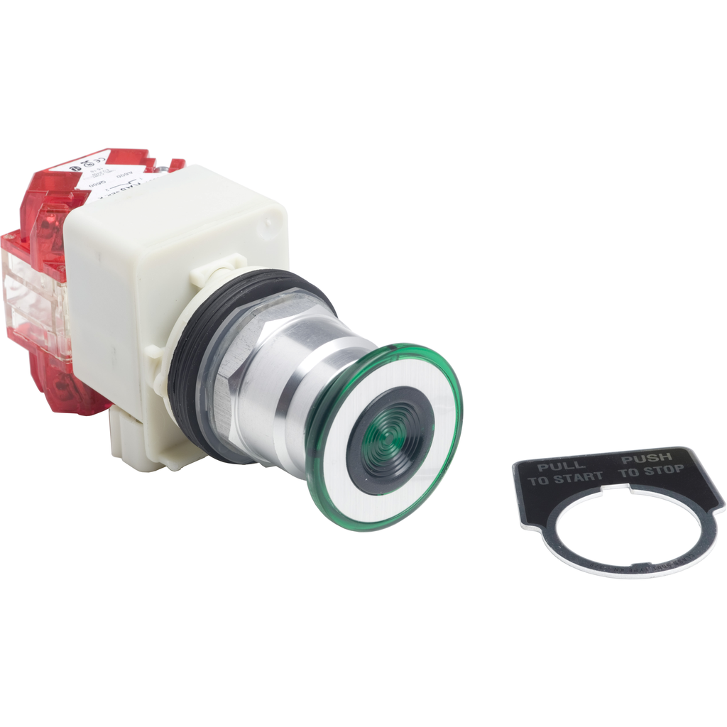 9001KR8P1GH25 – Push button, Harmony 9001K, metal, mushroom 41mm, green, 30mm, 3 positions, spring return, 110…120V, 1NC late   1NC