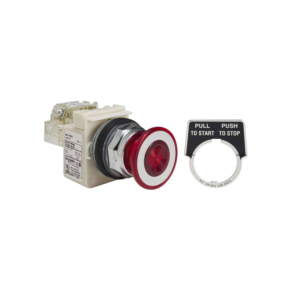 9001KR9P35RH13 – Illuminated push button, Harmony 9001K, metal, mushroom 41mm, red, 30mm, 2 positions, push pull, 24…28V, 1 CO