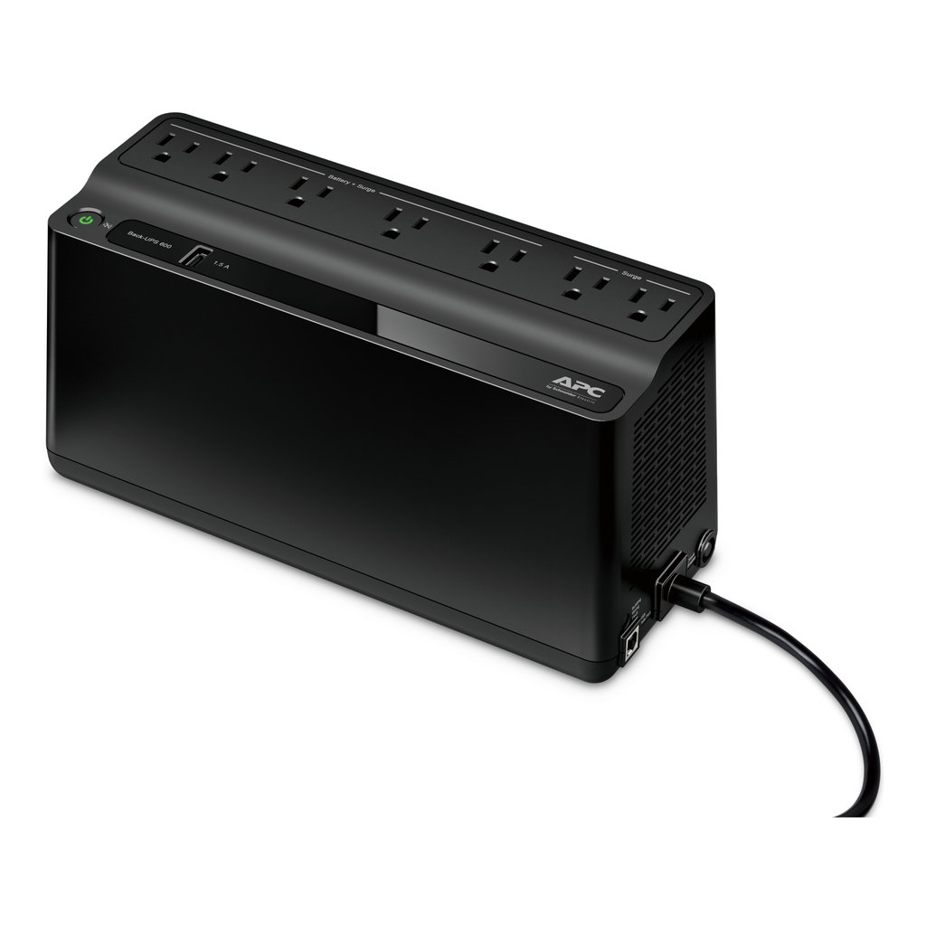 BE600M1 – APC Back-UPS 600VA, 120V, 1 USB charging port, 7 NEMA outlets (2 surge)