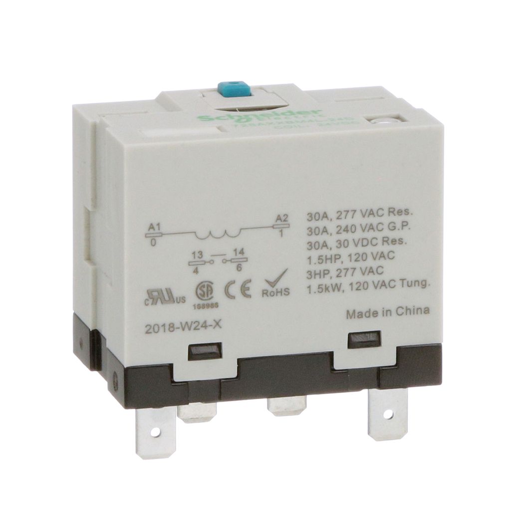 725AXXBM4L-24D – Power relay, SE Relays, 30A, 1NO, 24VDC, LED, flag indicator, locking push button, blade terminal, plug-in socket mount