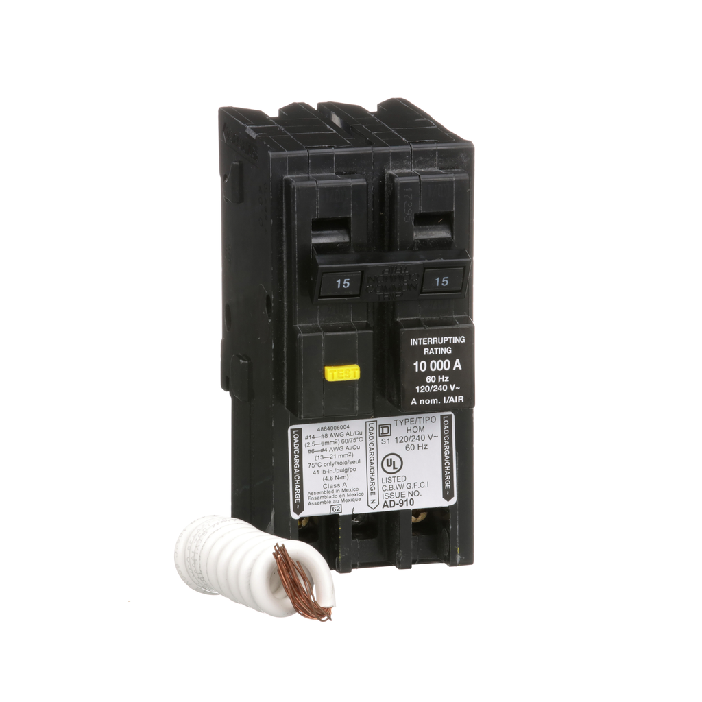 HOM215GFI – Mini circuit breaker, Homeline, 15A, 2 pole, 120/240VAC, 10kA AIR, ground fault class A, plug in, UL