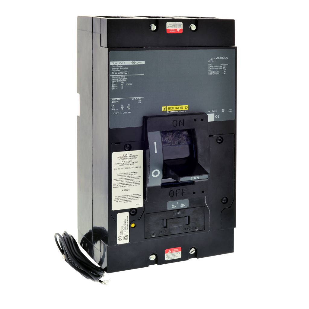 SLAL32501021 – Circuit breaker, SLA, 250A, 3 pole, 480VAC, 35kA, 250VDC, unit mount, thermal magnetic, shunt trip