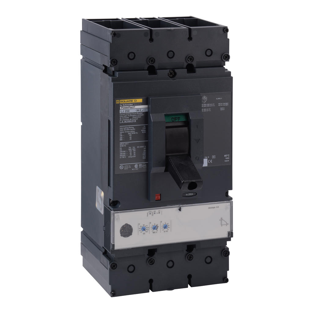 LJL36250U31X – Circuit breaker, PowerPacT L, 250A, 3 pole, 600VAC, 25kA, lugs, MicroLogic 3.3, 80%