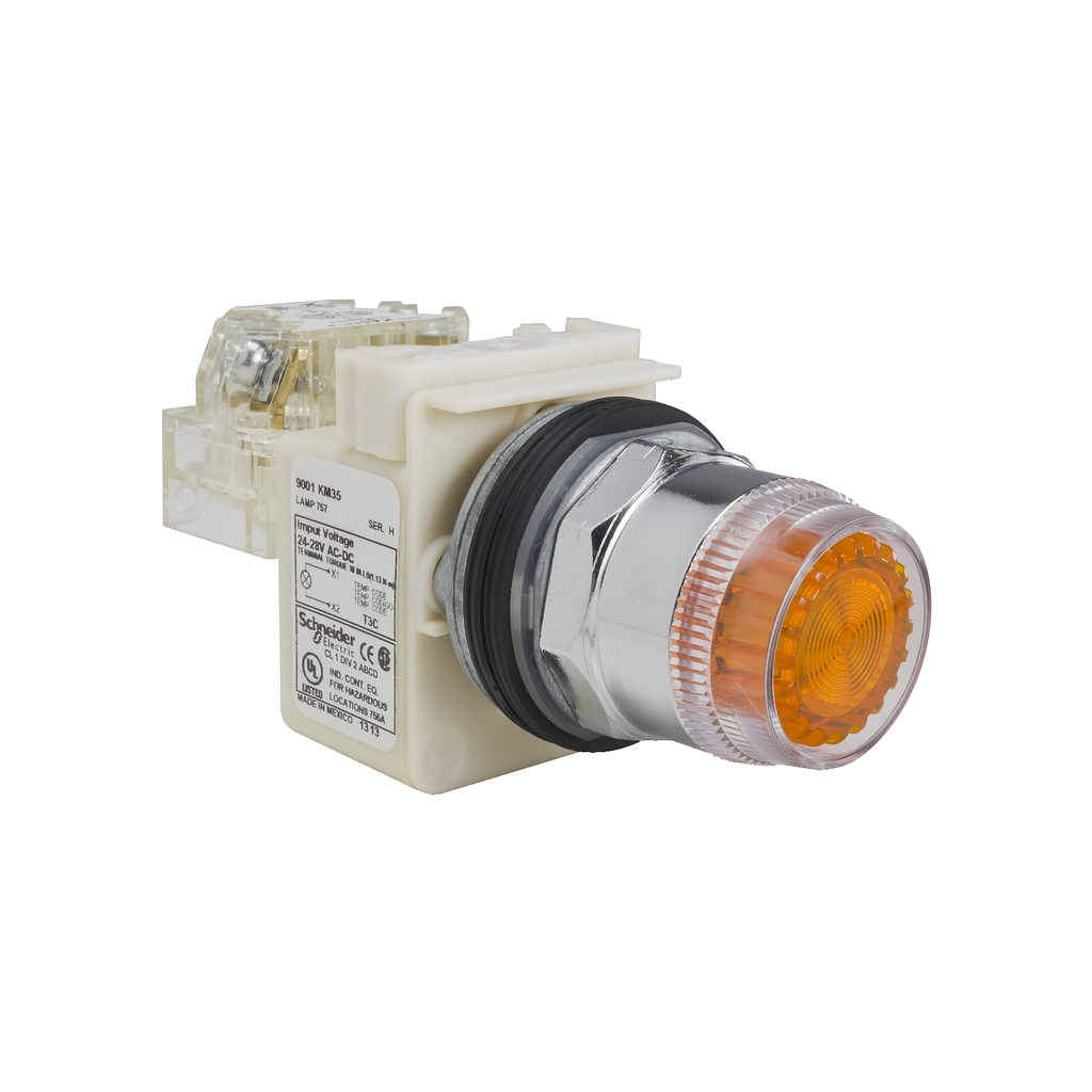 Mayer-DDS-Illuminated push-button, Harmony 9001K, metal, plastic guard flush, yellow, 30mm, spring return, LED yellow, 24-28V, 1 NO-1