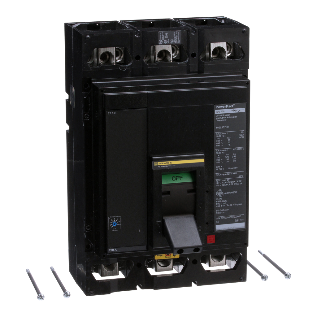 MGL36700 – Circuit breaker, PowerPacT M, 700A, 3 pole, 600VAC, 18kA, lugs, ET 1.0, 80%