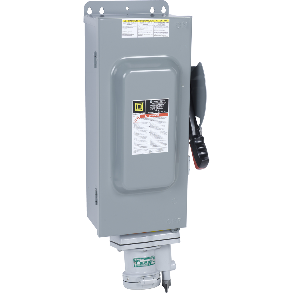 H363AWA – Safety switch, heavy duty, fusible, 100A, 600VAC/DC, 3 poles, 75HP, NEMA 12K, Appleton Powertite receptacle