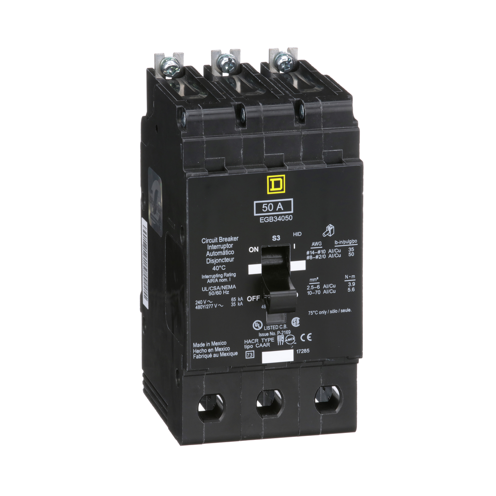 EGB34050 – Mini circuit breaker, E-Frame, 50A, 3 pole, 480Y/277VAC, 65kA max, bolt on