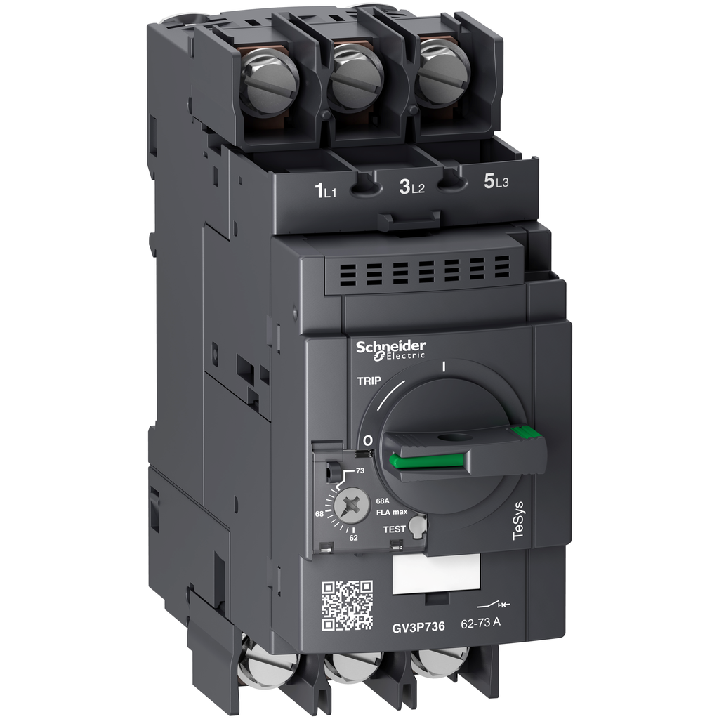 GV3P736 – Motor circuit breaker, TeSys Deca, 3P, 62-73 A, thermal magnetic, lugs terminals