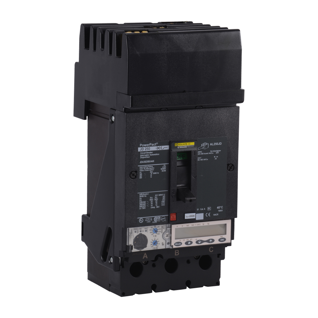 JDA36250U44X – Circuit breaker, PowerPacT J, 250A, 3 pole, 600VAC, 14kA, I-Line, Micrologic 6.2A, 80%, ABC