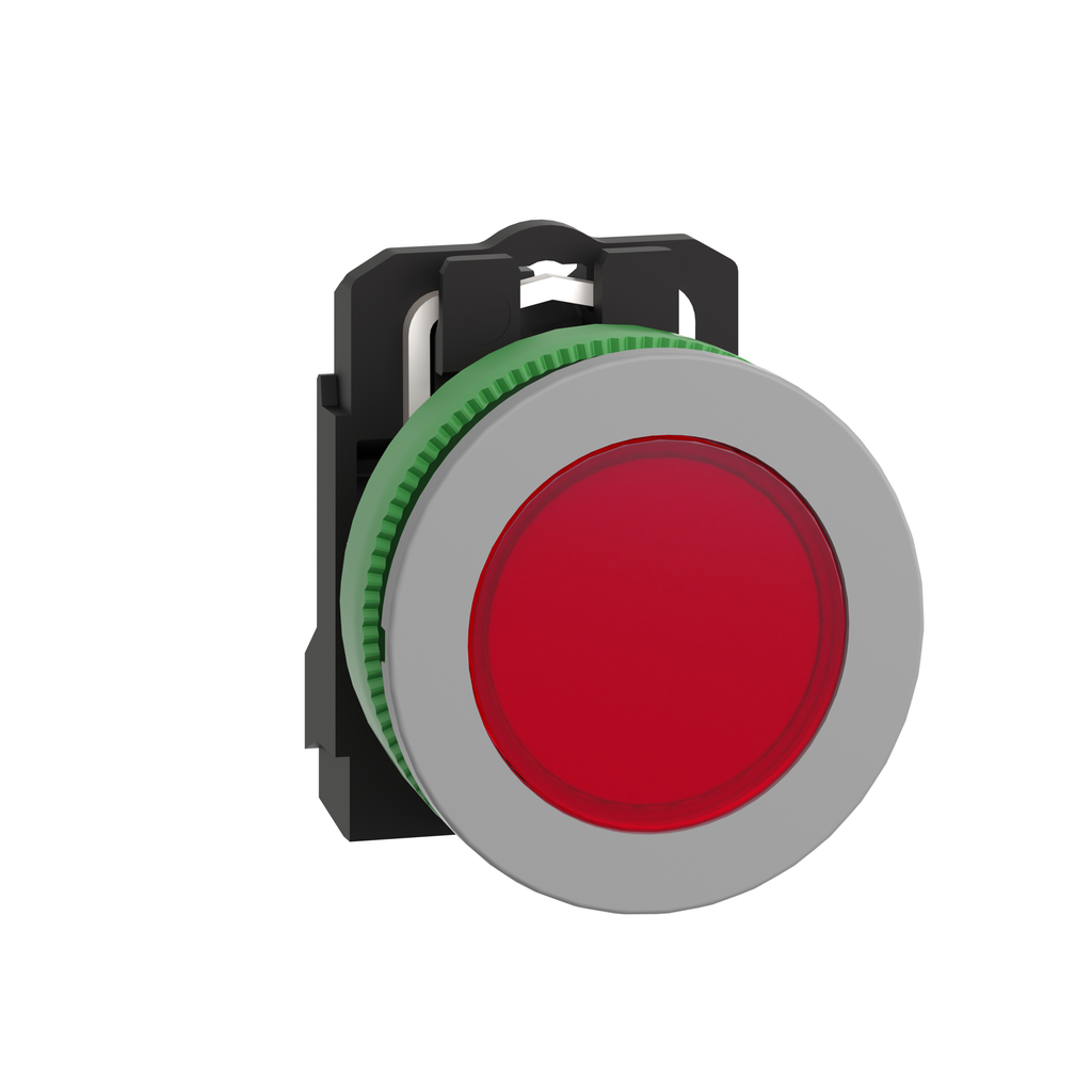 XB5FVB4C0 – Pilot light, Harmony XB5, red flush mounted, grey bezel, 30mm, universal LED, plain lens, 24V