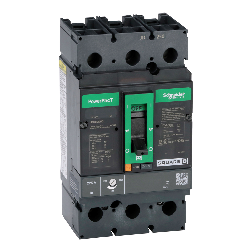JDL36225C – Circuit breaker, PowerPacT J, 225A, 3 pole, 600VAC, 14kA, lugs, thermal magnetic, 100%