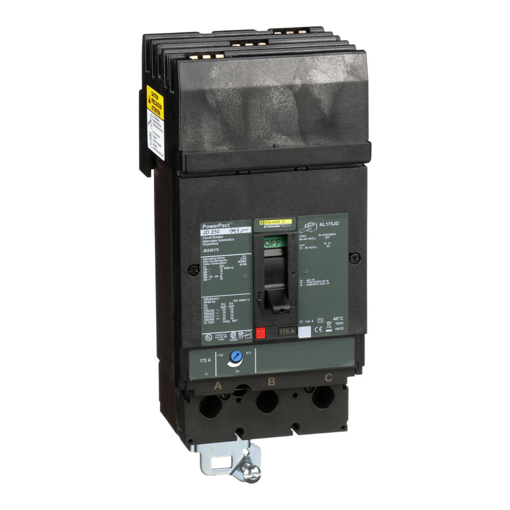 JDA36175 – Circuit breaker, PowerPacT J, 175A, 3 pole, 600VAC, 14kA, I-Line, thermal magnetic, 80%, ABC
