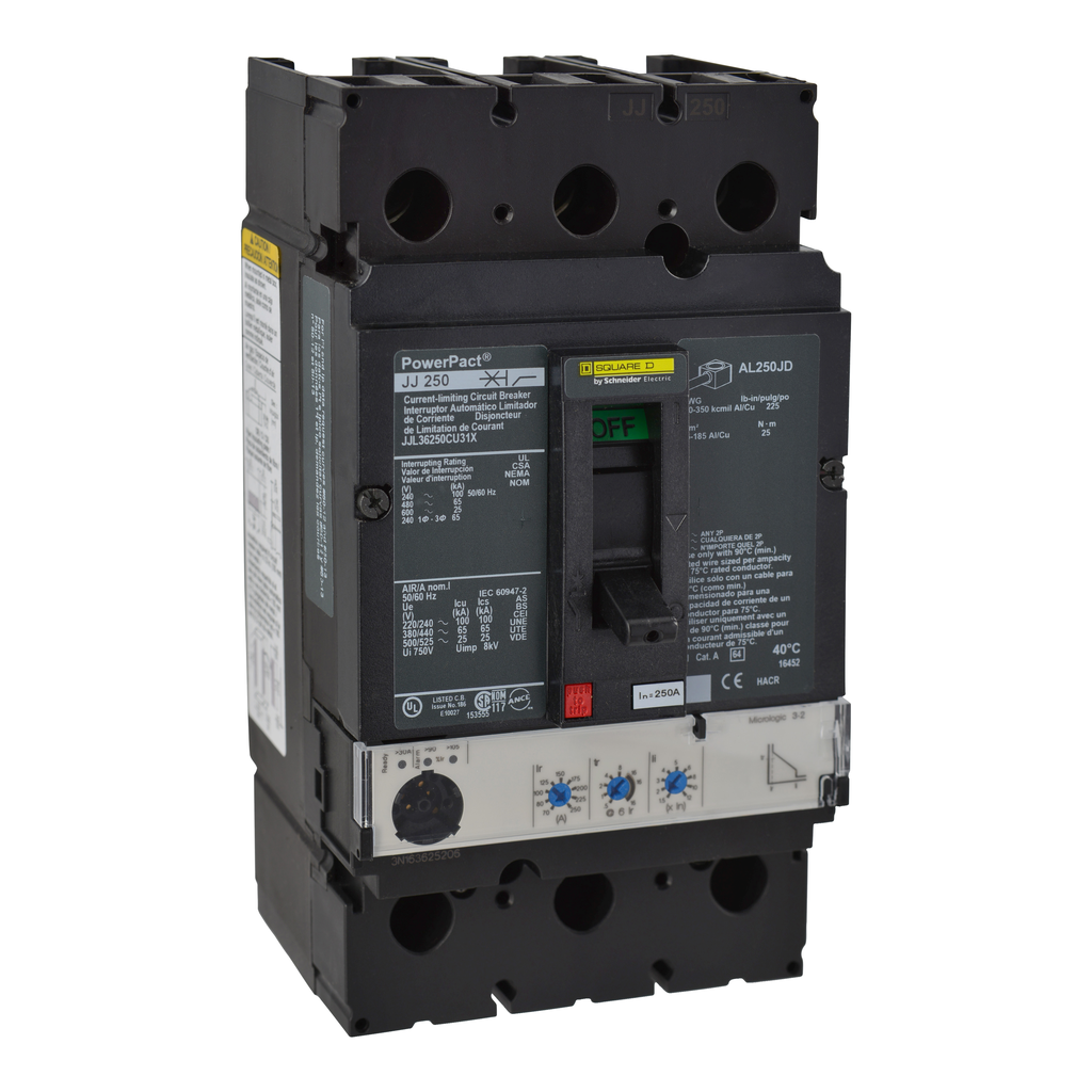 JJL36250CU31X – Circuit breaker, PowerPacT J, 250A, 3 pole, 600VAC, 25kA, lugs, Micrologic 3.2, 100%
