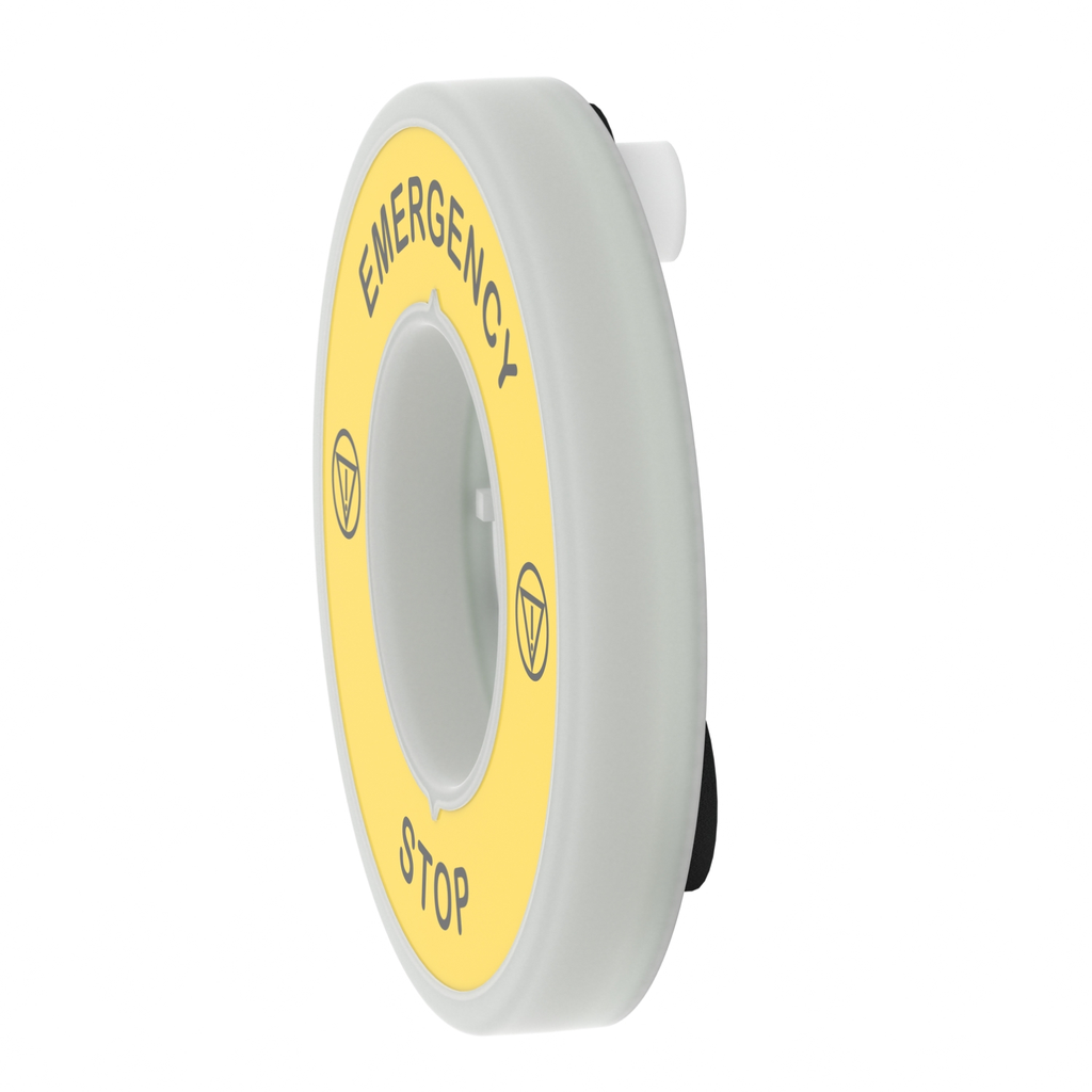 Mayer-DDS-Illuminated marked legend ring, Harmony XB5, 60mm, plastic, yellow, red fixed integral LED, marked EMERGENCY STOP, 230...240V AC-2