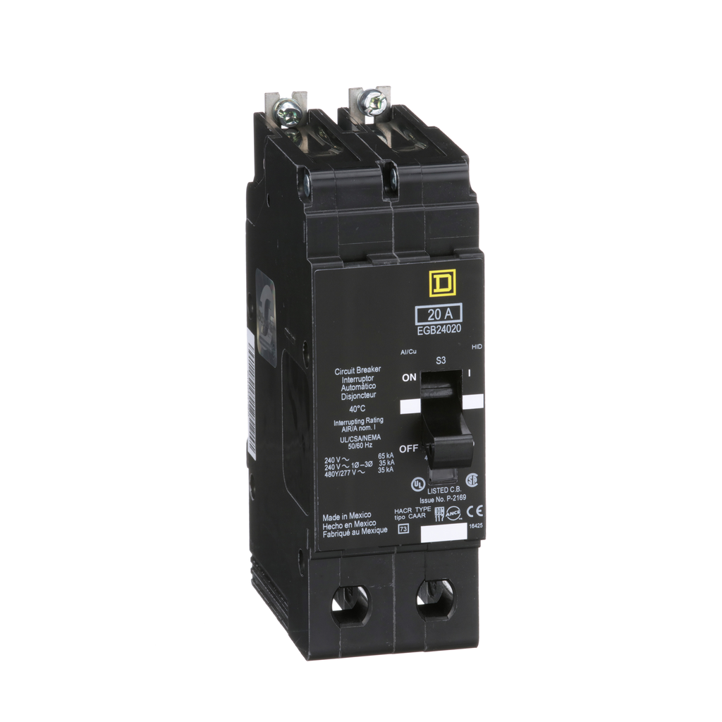 EGB24020 – Mini circuit breaker, E-Frame, 20A, 2 pole, 480Y/277VAC, 65kA max, bolt on
