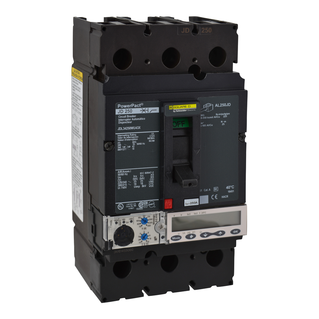 JDL34250WU43X – Circuit breaker, PowerPacT J, 250A, 3 pole, 480VAC, 18kA, lugs, Micrologic 5.2A, 80%, mission critical