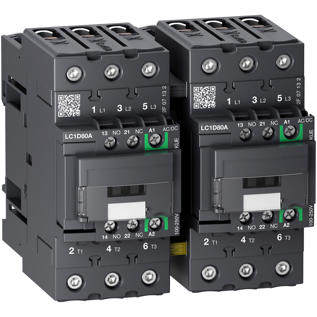 LC2D80AKUE – TeSys Deca reversing contactor 3P 66A AC-3/AC-3e up to 440V coil 100-250V AC/DC