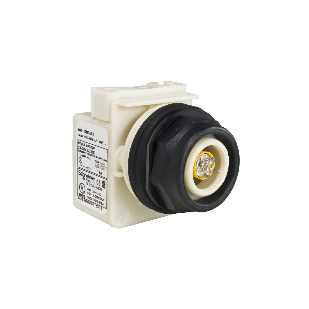 Product image for Square D 9001SKP35LY 30 mm 24/28 VAC/VDC Yellow Lens Plastic Bezel LED Standard Round Pilot Light
