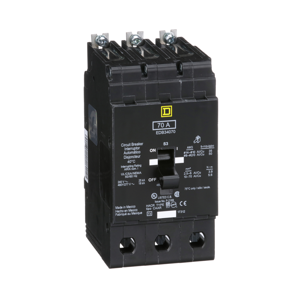EDB34070 – Mini circuit breaker, E-Frame, 70A, 3 pole, 480Y/277VAC, 25kA max, bolt on