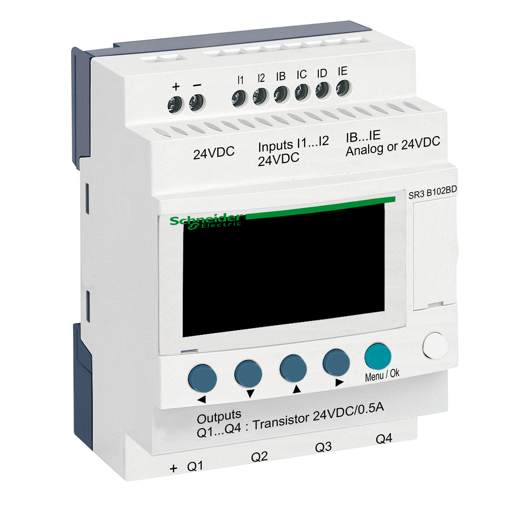 SR3B102BD – modular smart relay, Zelio Logic SR2 SR3, 10 IO, 24V DC, clock, display, 4 transistor outputs