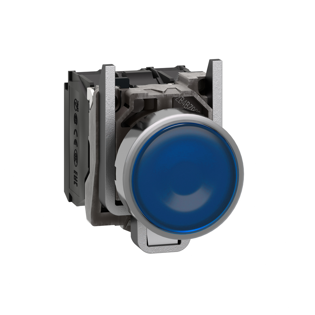 XB4BW36B5 – Illuminated push button, Harmony XB4, metal, blue flush, 22mm, universal LED, plain lens, 1NO   1NC, 24V AC DC