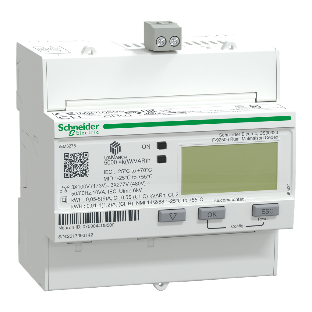 A9MEM3275 – iEM3275 energy meter – CT – LON – 1 digital I – multi-tariff – MID